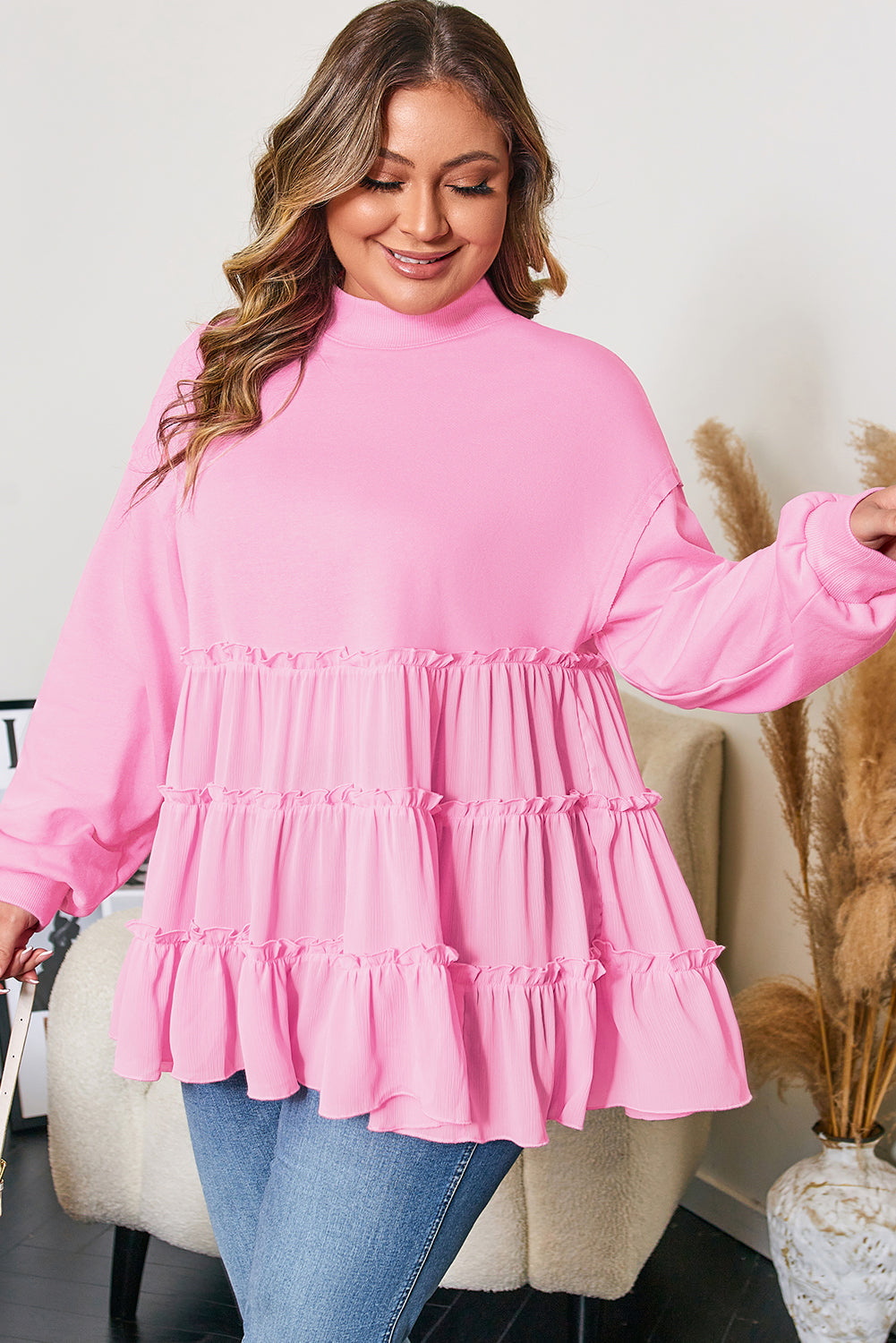Christy Ribbed Pullover PLUS Top - 1X - 14W-16W / Pink