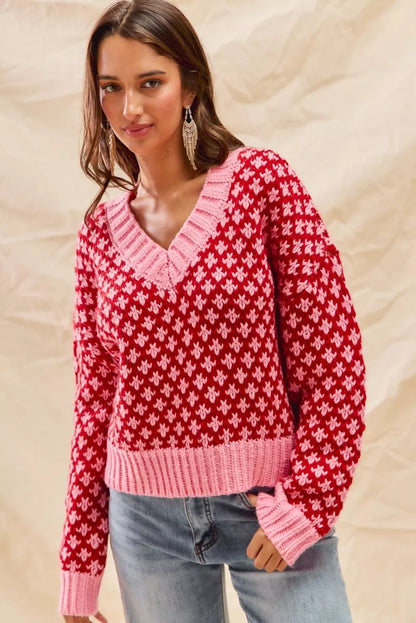 SO ME Color Block Textured Christmas Sweater V Neck Top