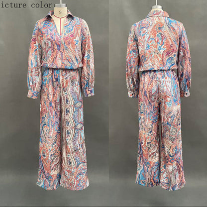 Women's Paisley Print Deep V Fringe Blouse & Wide-Leg Palazzo Pants Set