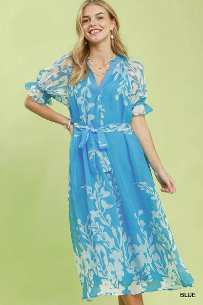 Umgee Floral Print Tie Waist Midi Dress with Side Pockets in Blue