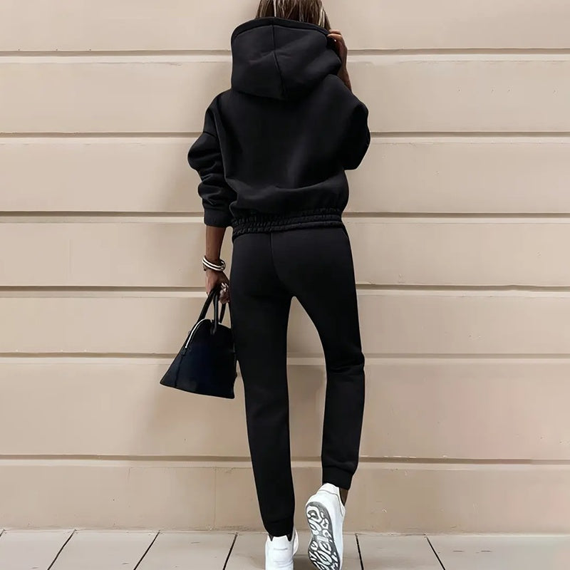 women's two piece solid color hooded sweatshirt set