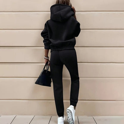 women's two piece solid color hooded sweatshirt set