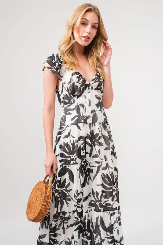 And The Why Ruffled Sleeve Tiered Floral Print Maxi Dress