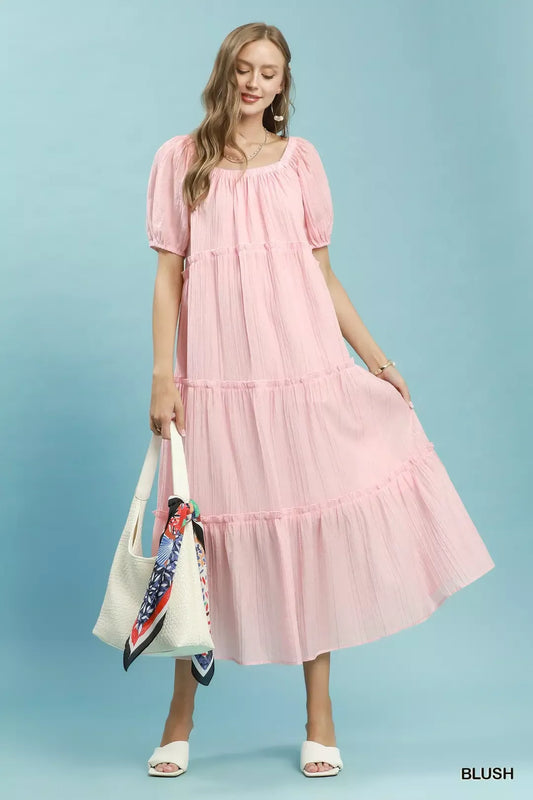 Umgee Textured Tiered Midi Dress in Blush