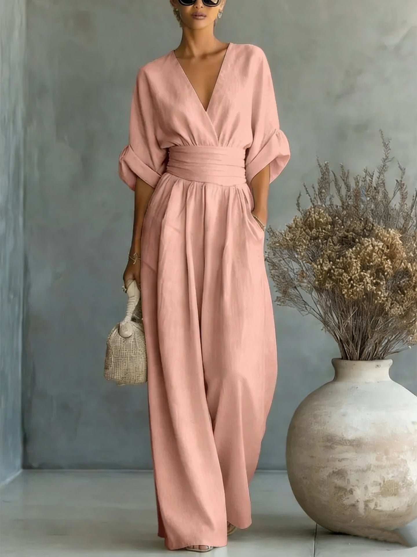 Women's V-Neck Wide-Leg Jumpsuit – High Waist Pleated Elegant