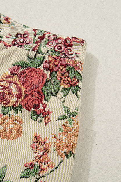 Buttoned Front Floral Scalloped Trim Mini Jacquard Floral Skirt
