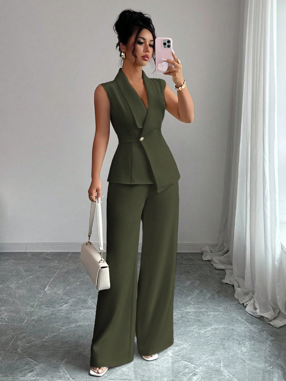Women's Peplum Sleeveless Blazer & Wide-Leg Pants Two-Piece Set