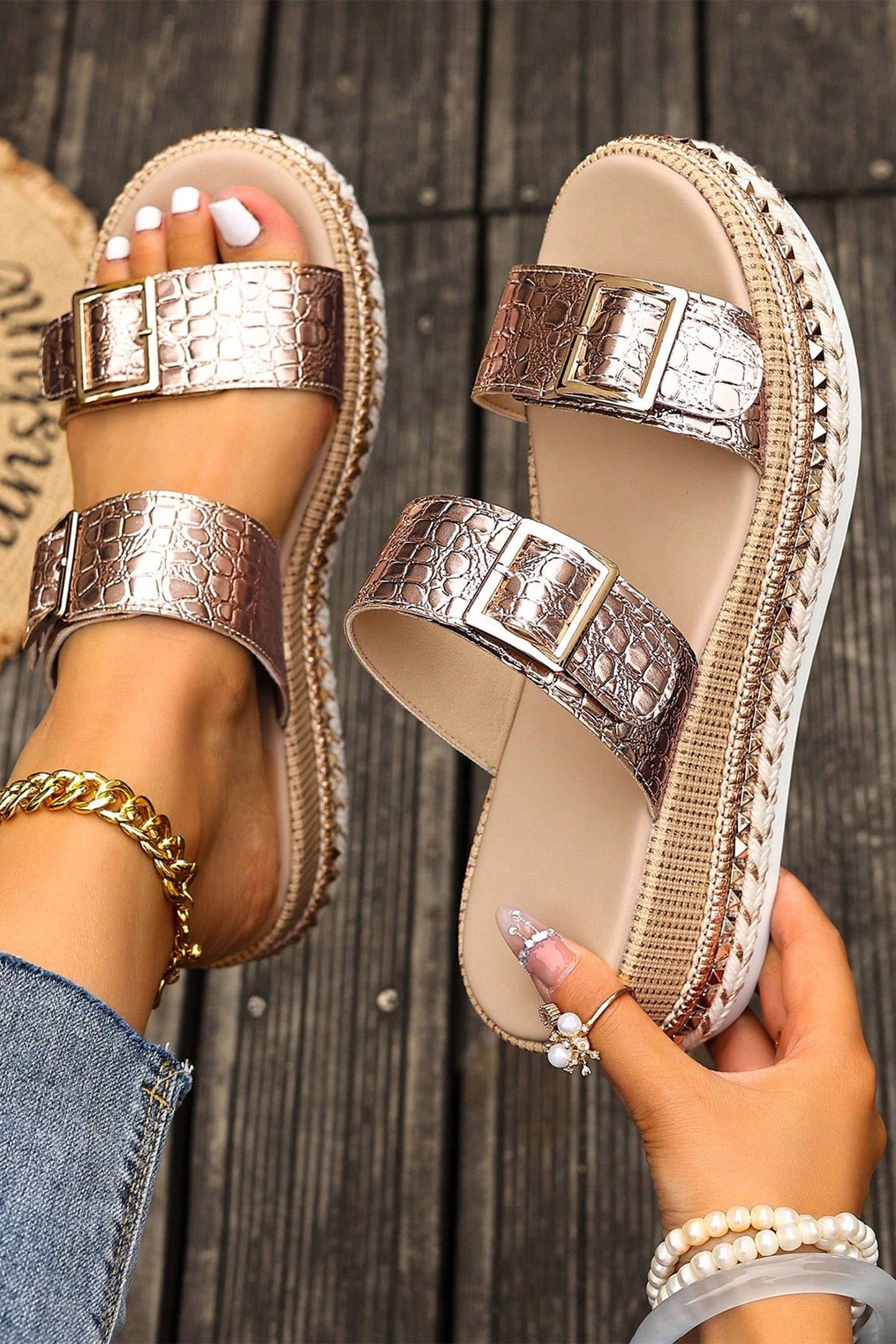 Threaded Pear Cattleya Buckle Wedge Platform Slippers