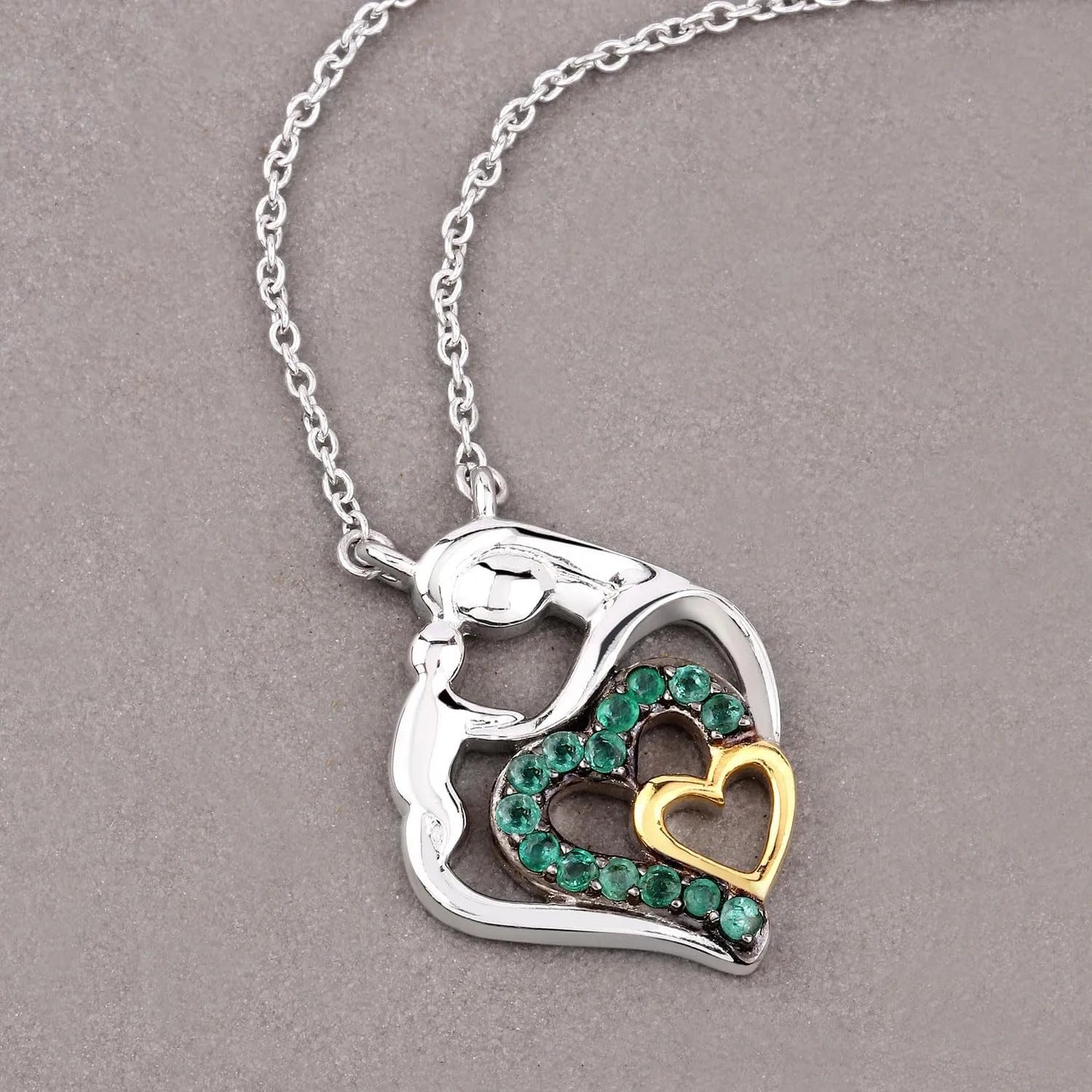 Genuine Emerald Prong Silver Double Heart Pendant Necklace