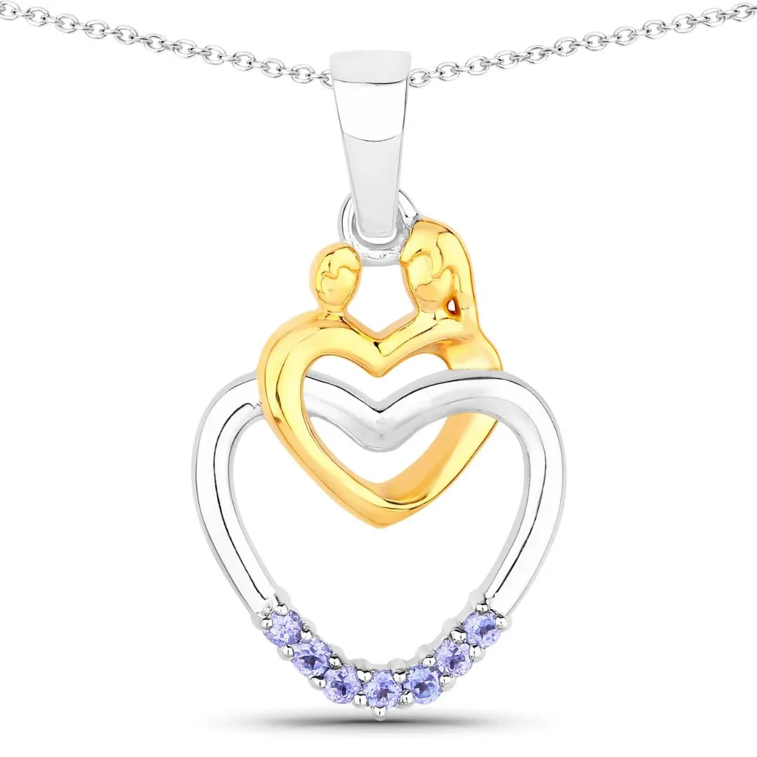 Round Violet Tanzanite Prong Silver Double Heart Pendant Necklace