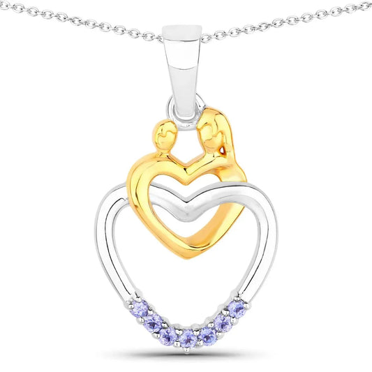 Round Violet Tanzanite Prong Silver Double Heart Pendant Necklace