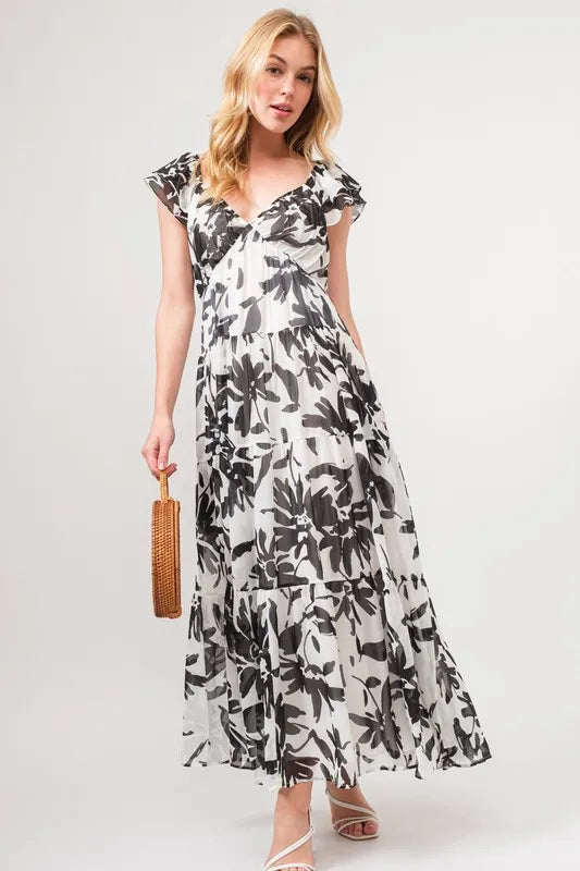 And The Why Ruffled Sleeve Tiered Floral Print Maxi Dress