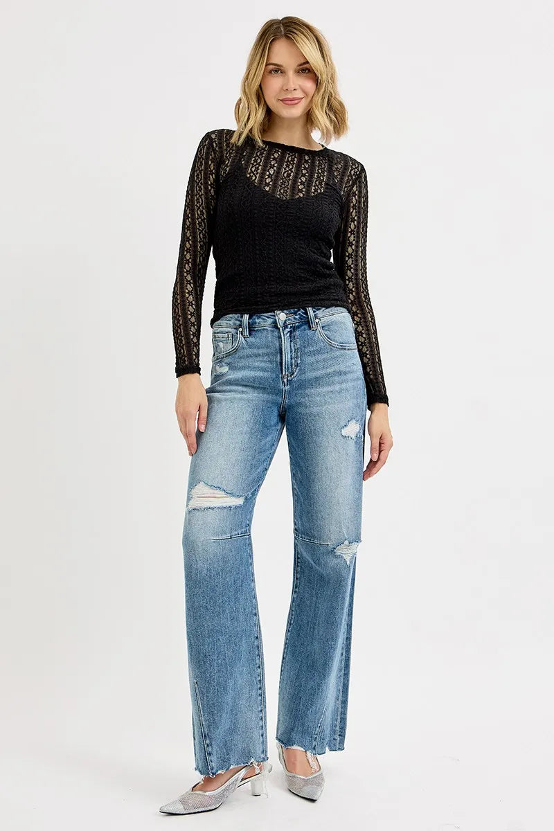 RISEN Full Size Mid Rise Fit Wide Baggy Leg Tie Washed Jeans Plus Size