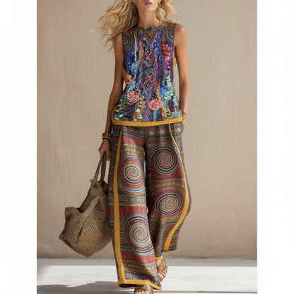 Printed Retro Sleeveless Top & Wide-Leg Pants Set | 12 Prints S–5XL