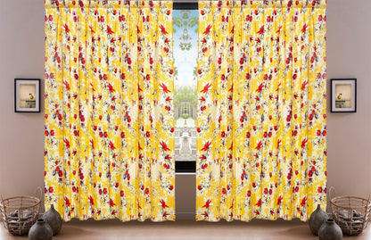 DaDa Bedding Set of 2 Radiant Sunshine Yellow Floral Window Curtain Panels - Natural Semi Sheer Hummingbirds Farmhouse Red Flowers Straight Tailored Edge