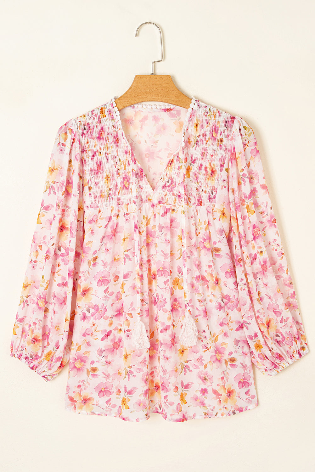 Threaded Pear Sienna Floral Tassel Tie Tunic Blouse