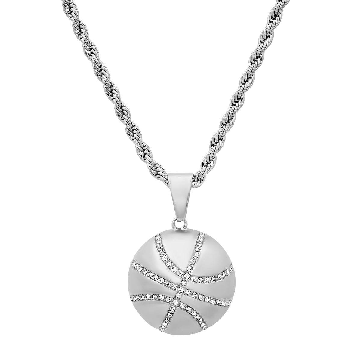 Round Basketball Stainless Steel Pendant With Simulated Diamonds