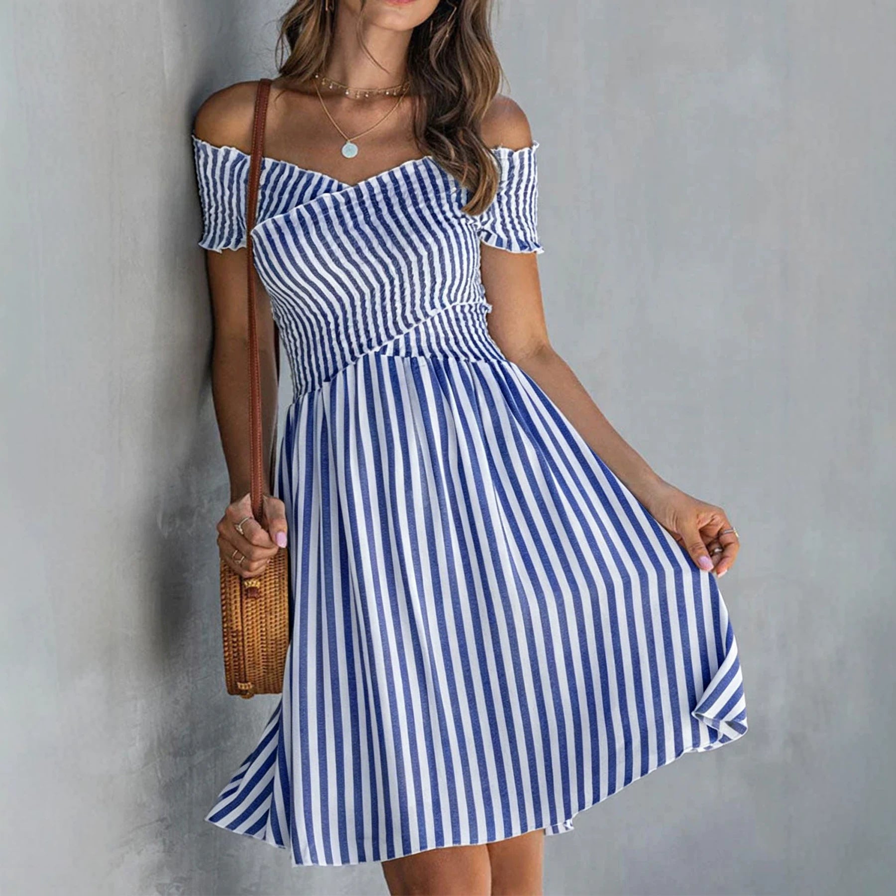 off shoulder blue striped dress Navy Blue Striped Off Shoulder Front Tie Maxi Dress