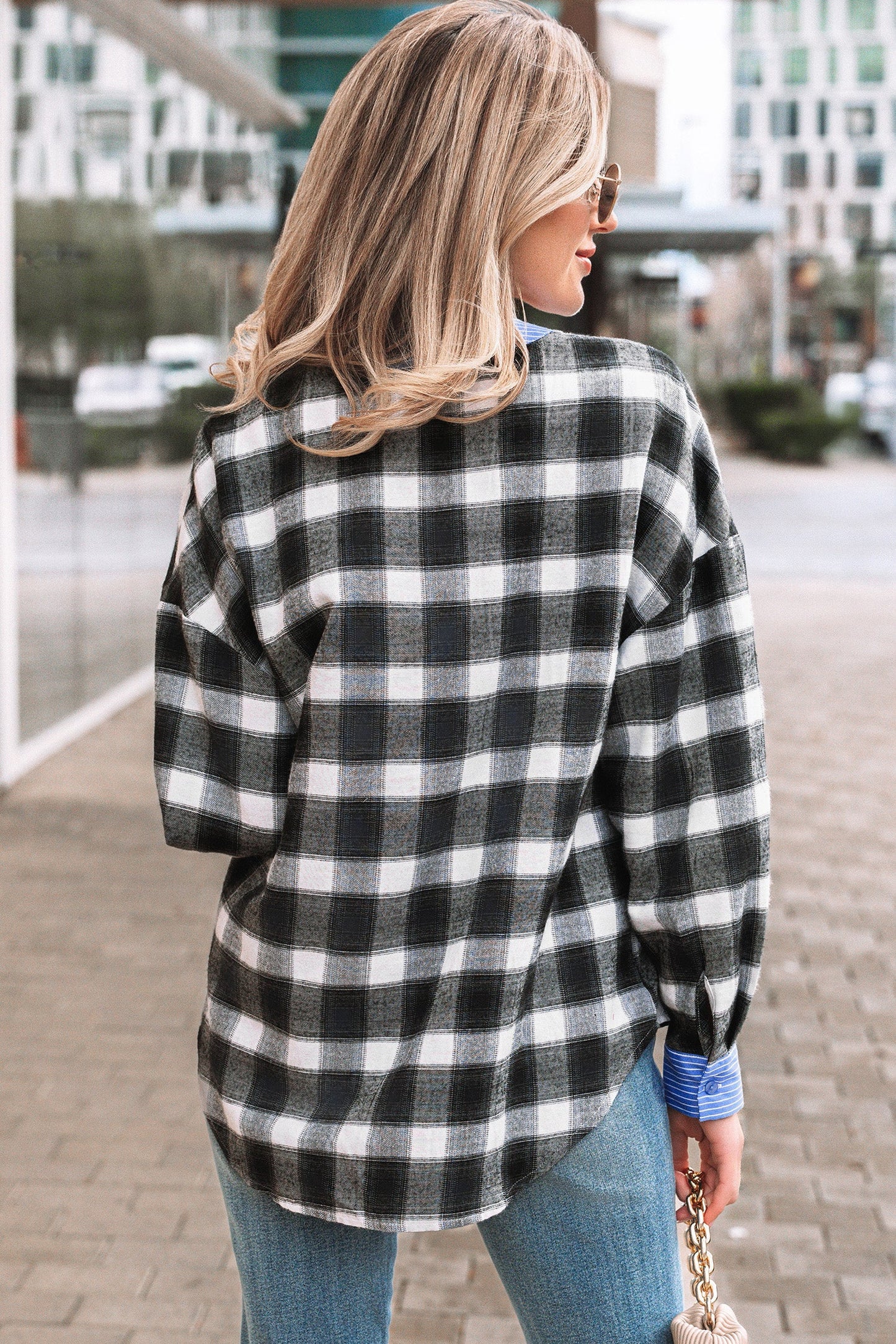 Threaded Pear Ezra Half Placket Plaid Blouse