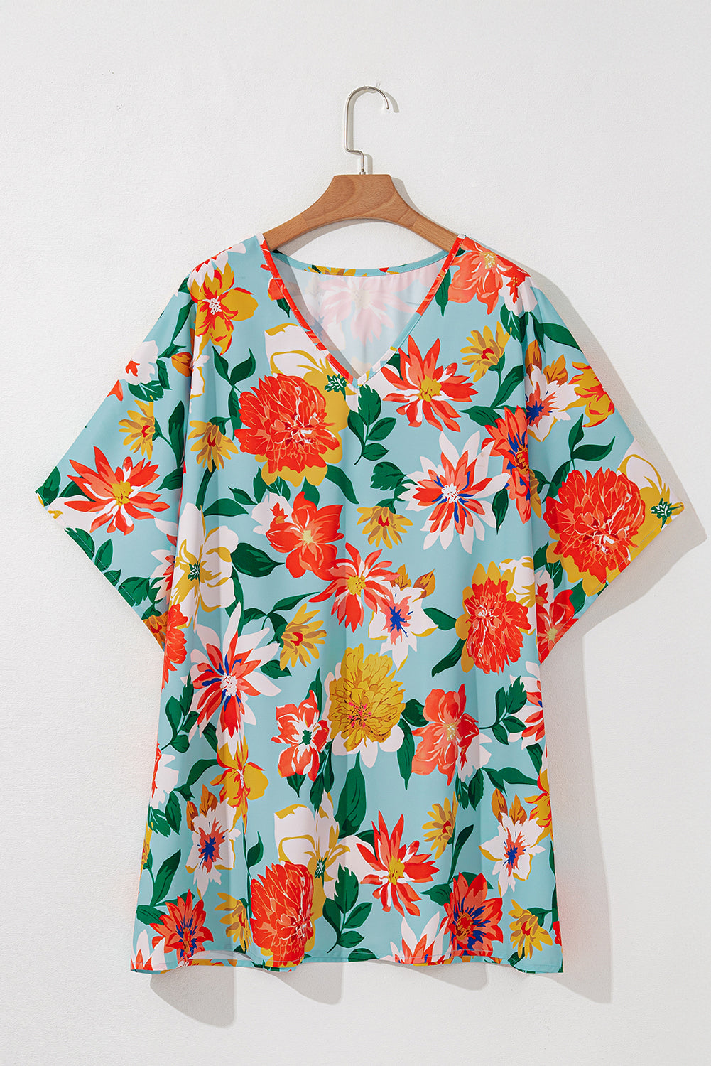Threaded Pear Jane Plus Size Floral V Neck Batwing Blouse