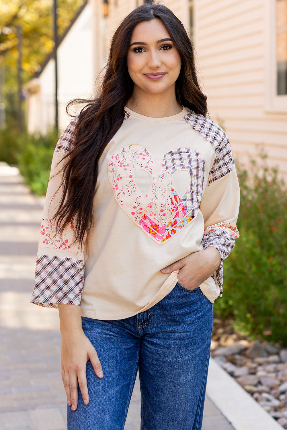 Threaded Pear Emilia Plaid Floral Peace Heart Long Sleeve Top