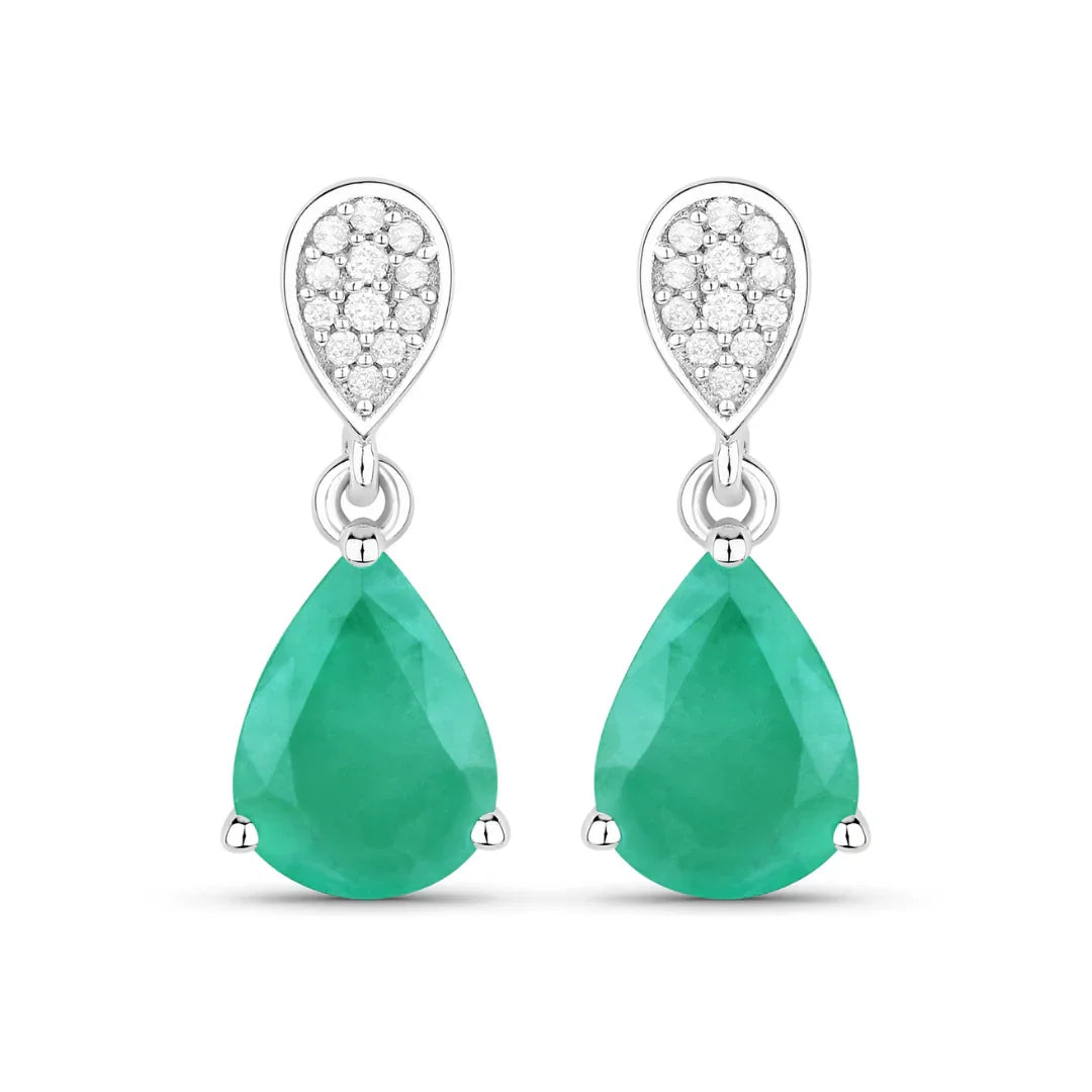 Pear Green Zambian Emerald Diamond Prong 10K Gold Teardrop Dangle Earrings