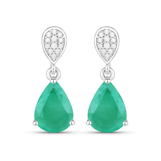 Pear Green Zambian Emerald Diamond Prong 10K Gold Teardrop Dangle Earrings