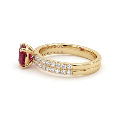 1.36 Cttw Round Gemstone Pave Diamond Double Row Band 14k Yellow Gold Engagement Ring