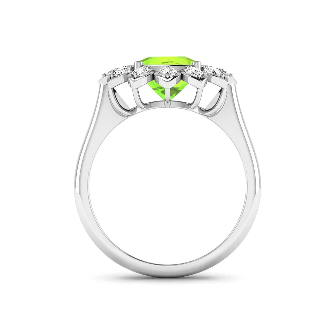 2.21 Ct Round Green Peridot and White Diamond Prong Silver Halo Floral Ring