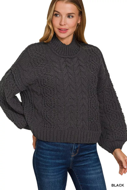 Zenana Cable-Knit Ribbed Turtleneck Sweater