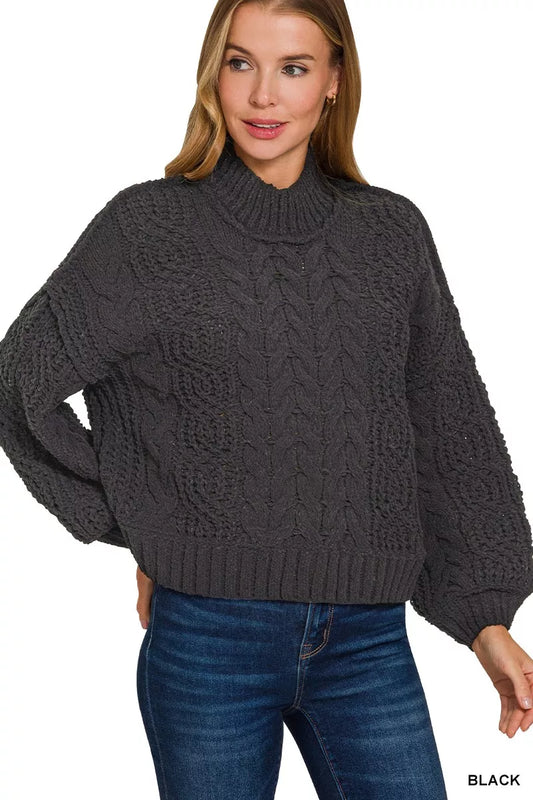 Zenana Cable-Knit Ribbed Turtleneck Sweater