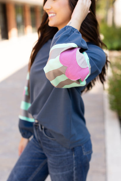 Sara Flower Raglan Sleeve Top - Threaded Pear