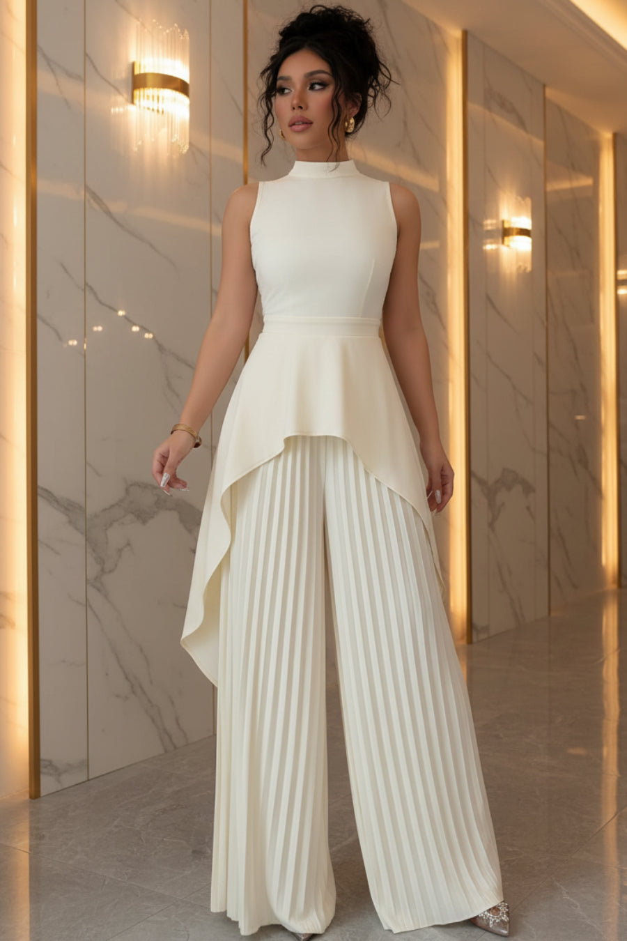 Women's Mock Neck Asymmetric Hi-Lo Peplum Top & Accordion Pleated Wide-Leg Palazzo Pants Set
