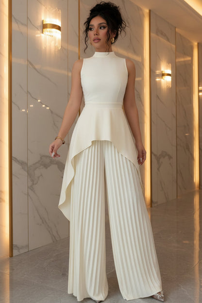 Women's Mock Neck Asymmetric Hi-Lo Peplum Top & Accordion Pleated Wide-Leg Palazzo Pants Set