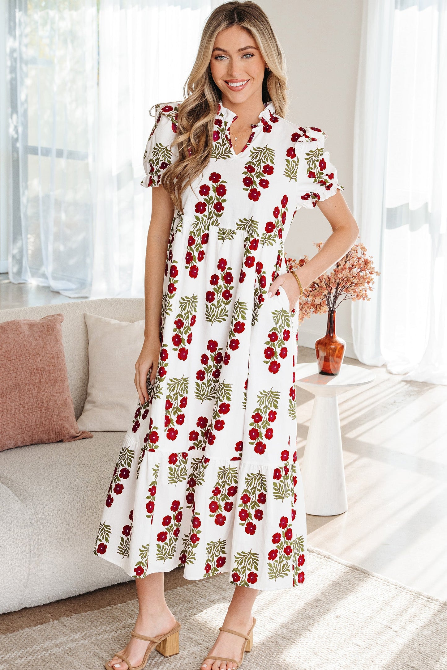 Threaded Pear Promise Sleeve Tiered Maxi Dress