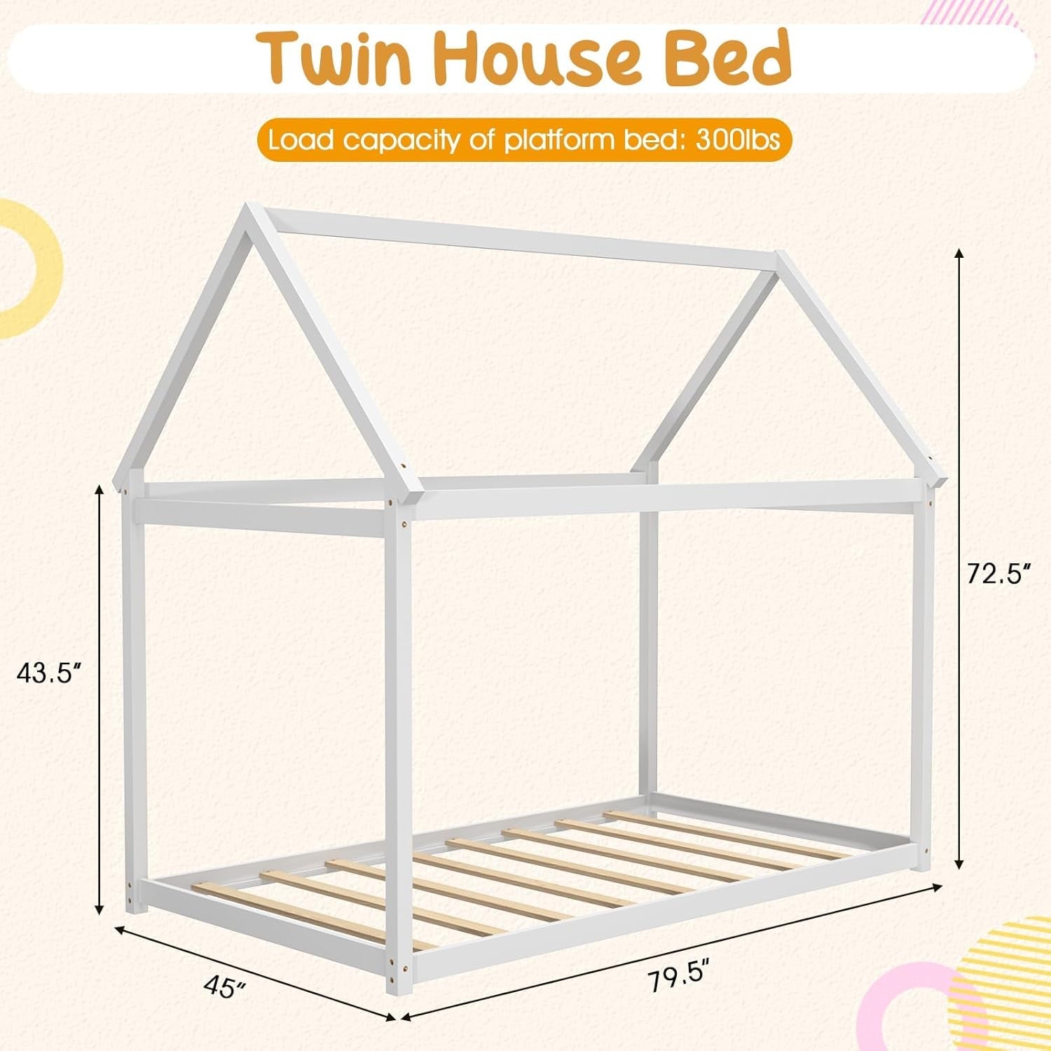 Twin House Bed, Wood Montessori Bed Frame with House Roof Canopy, Low Floor Bed with Sturdy Wood Slat Support, No Box Spring Needed, Twin Playhouse Bed for Kids Teens Boys Girls (White)