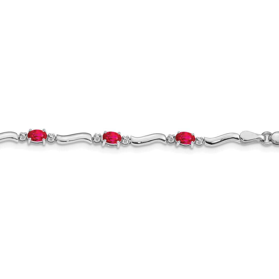 Oval Red Ruby & Diamond Prong 14K White Gold Wave Link Bracelet