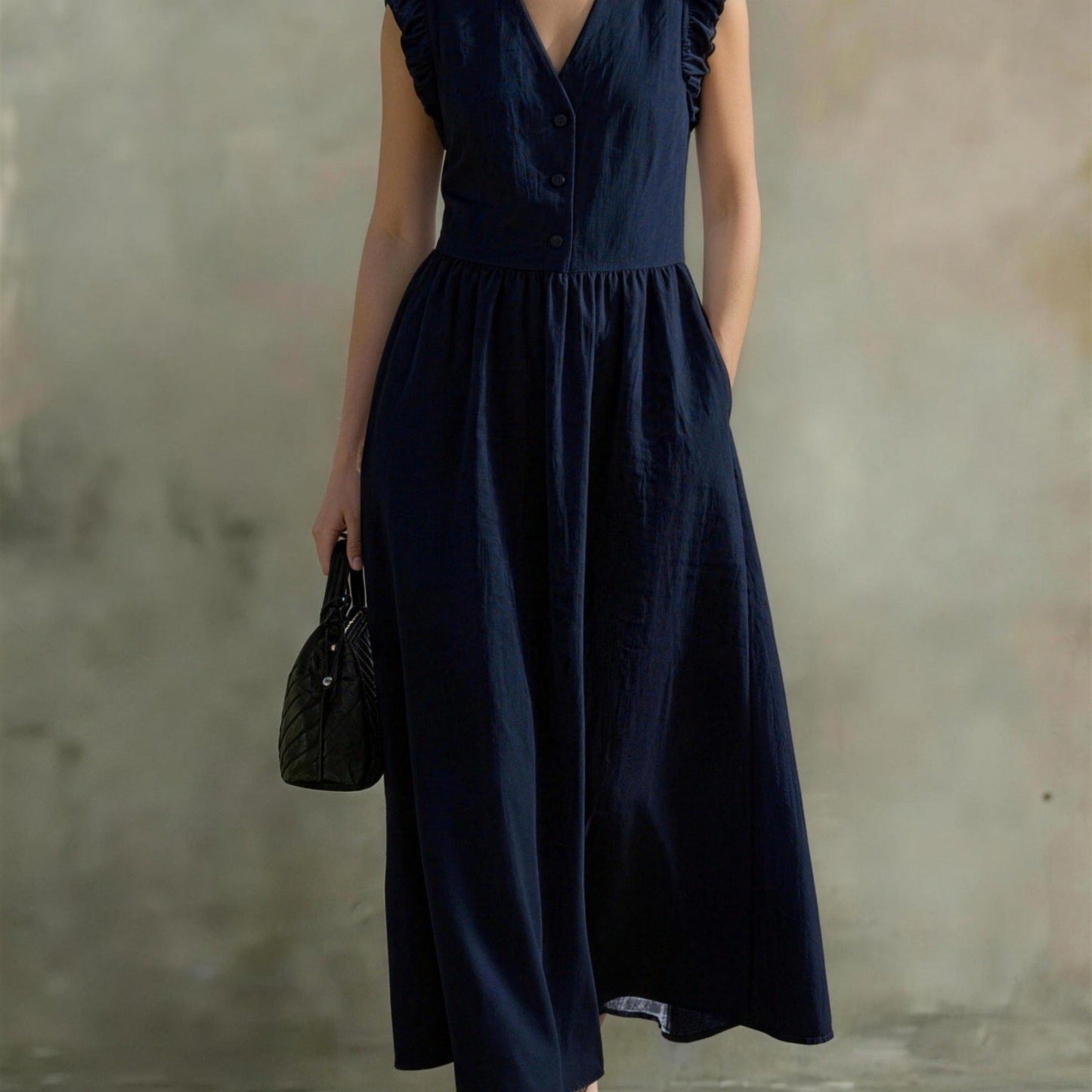 V-Neck Puff-Sleeve Dress with Pockets – Cotton Linen, 7 Colors