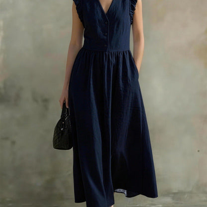 V-Neck Puff-Sleeve Dress with Pockets – Cotton Linen, 7 Colors
