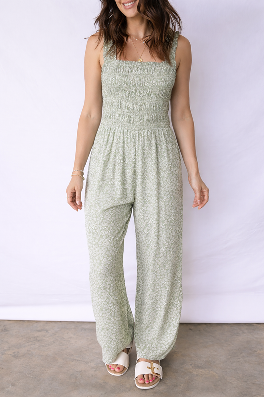 Threaded Pear Calliope Square Sleeveless Floral Jumpsuit