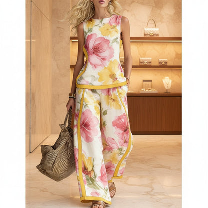 Printed Retro Sleeveless Top & Wide-Leg Pants Set | 12 Prints S–5XL