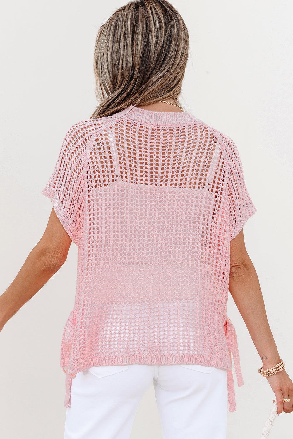 Threaded Pear Lettie Hollow-out Crochet Side Tied Short Sleeve Sweater