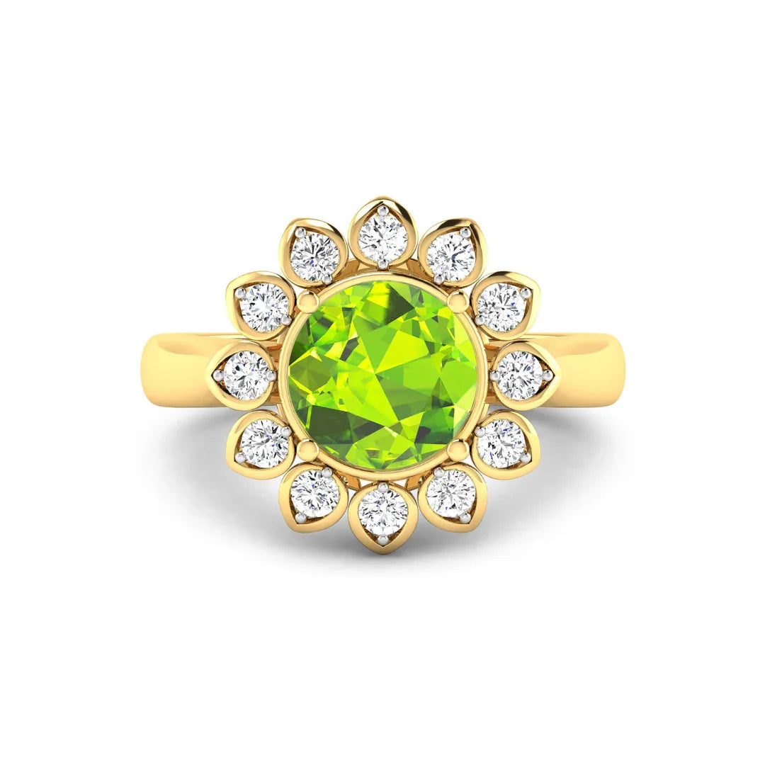 2.21 Ct Round Green Peridot and White Diamond Prong Silver Halo Floral Ring