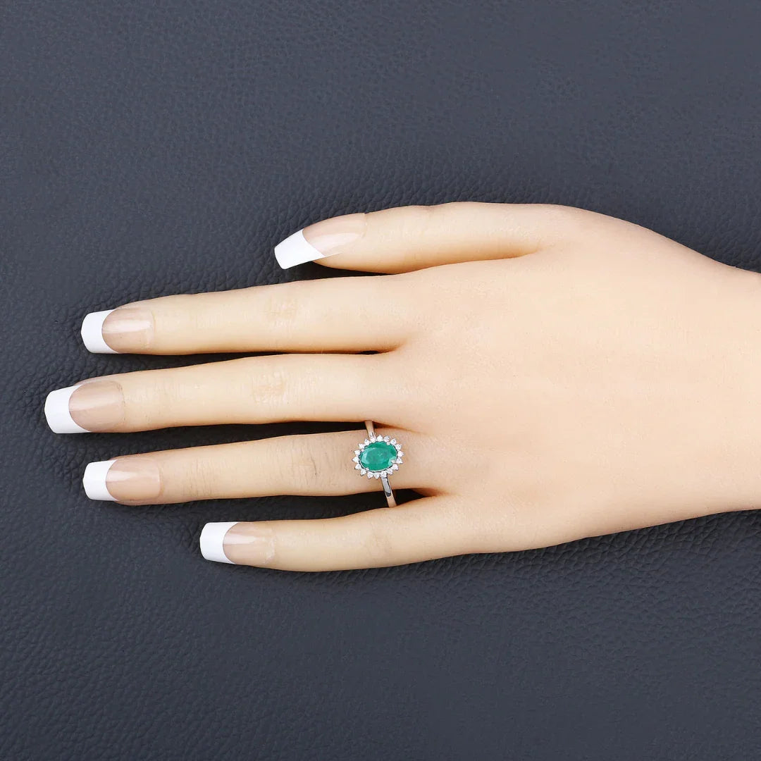 1.20 Ct Oval Green Zambian Emerald Diamond Prong 10k Gold Halo Ring