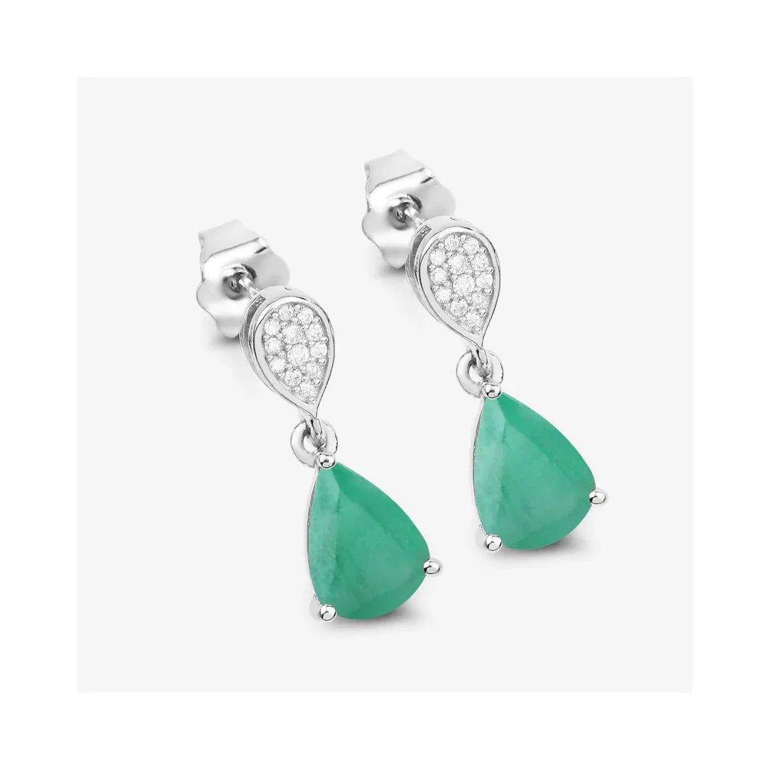 Pear Green Zambian Emerald Diamond Prong 10K Gold Teardrop Dangle Earrings