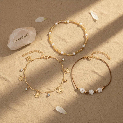 White Resin & Pearl Cubic Zirconia Goldtone Flower Butterfly Tassel Anklet Set