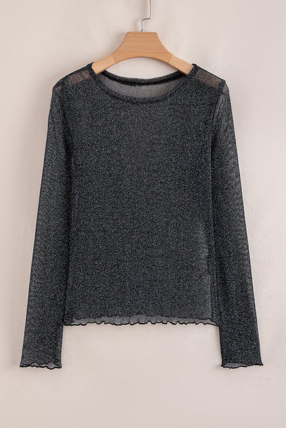 Threaded Pear Serenity Metallic Glitter Mesh Long Sleeve Top