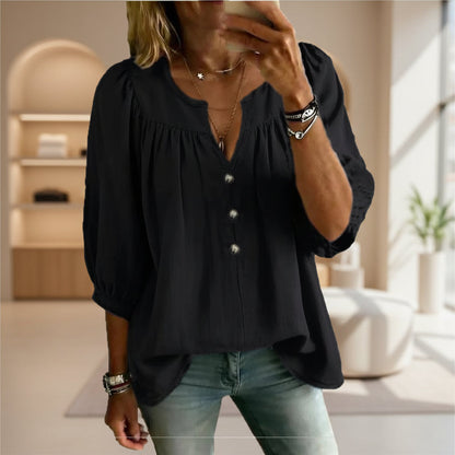 Women's Linen Three-Quarter Sleeve Buttoned T-Shirt – Loose Fit, Casual Chic