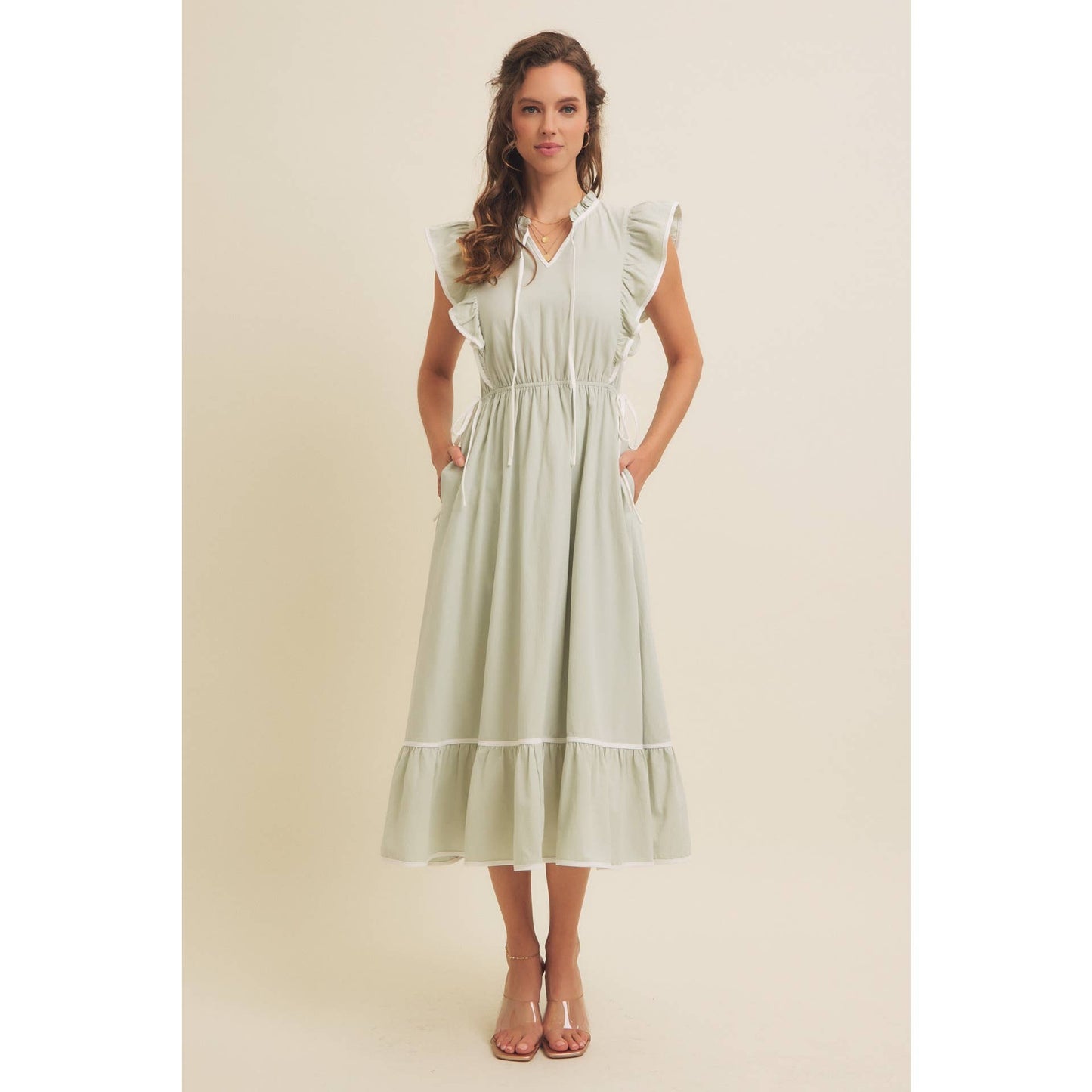 Annie- Cotton Gauze Midi Dress With Ruffles and Contrast Binding