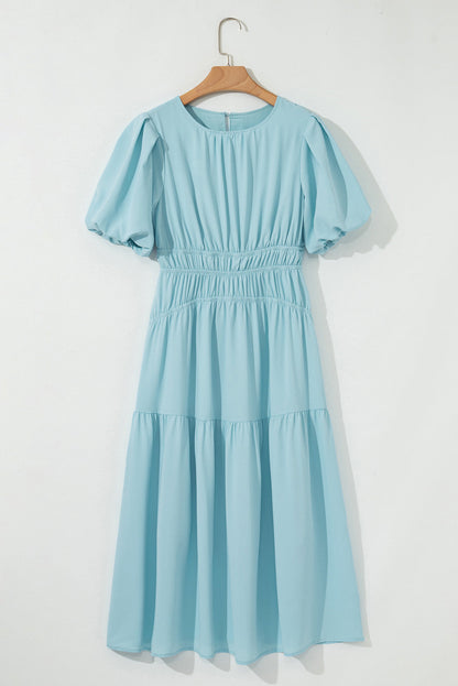 Threaded Pear Lara Puff Sleeve Pleated High Waist Midi Dress